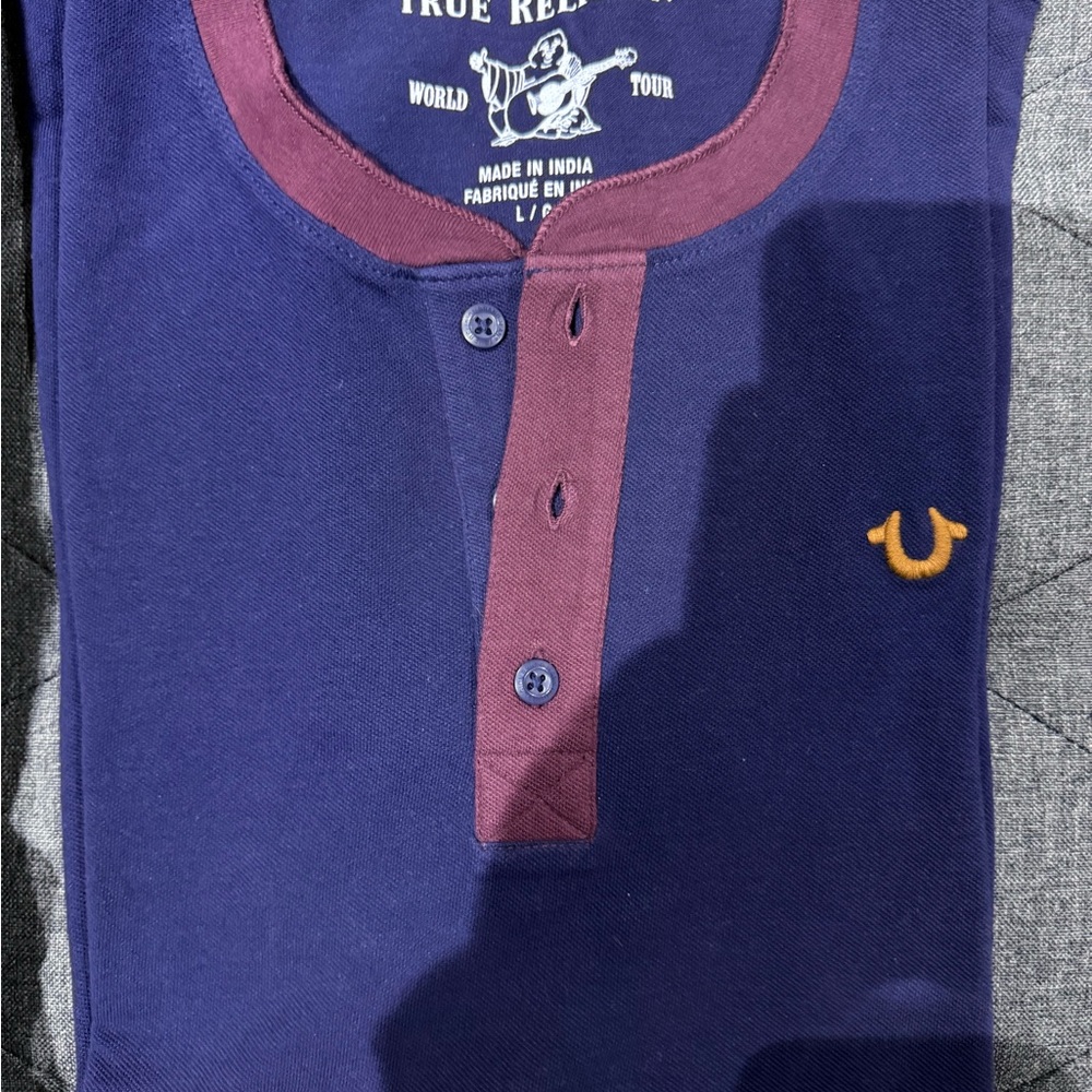 True Religion Men's Purple and Blue Henley Shirt